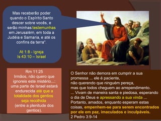 Rm 11:25
Irmãos, não quero que
ignoreis este mistério...:
uma parte de Israel estará
endurecida até que a
totalidade dos gentios
seja recolhida
(entre a plenitude dos
gentios).

O Senhor não demora em cumprir a sua
promessa ... ele é paciente,
não querendo que ninguém pereça,
mas que todos cheguem ao arrependimento.
... Vivam de maneira santa e piedosa, esperando
o dia de Deus e apressando a sua vinda ...
Portanto, amados, enquanto esperam estas
coisas, empenhem-se para serem encontrados
por ele em paz, imaculados e inculpáveis.
2 Pedro 3:9-14

 