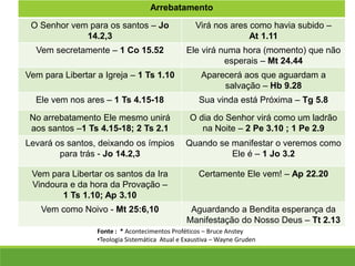 Arrebatamento
O Senhor vem para os santos – Jo
14.2,3
Virá nos ares como havia subido –
At 1.11
Vem secretamente – 1 Co 15.52 Ele virá numa hora (momento) que não
esperais – Mt 24.44
Vem para Libertar a Igreja – 1 Ts 1.10 Aparecerá aos que aguardam a
salvação – Hb 9.28
Ele vem nos ares – 1 Ts 4.15-18 Sua vinda está Próxima – Tg 5.8
No arrebatamento Ele mesmo unirá
aos santos –1 Ts 4.15-18; 2 Ts 2.1
O dia do Senhor virá como um ladrão
na Noite – 2 Pe 3.10 ; 1 Pe 2.9
Levará os santos, deixando os ímpios
para trás - Jo 14.2,3
Quando se manifestar o veremos como
Ele é – 1 Jo 3.2
Vem para Libertar os santos da Ira
Vindoura e da hora da Provação –
1 Ts 1.10; Ap 3.10
Certamente Ele vem! – Ap 22.20
Vem como Noivo - Mt 25:6,10 Aguardando a Bendita esperança da
Manifestação do Nosso Deus – Tt 2.13
Fonte : * Acontecimentos Proféticos – Bruce Anstey
•Teologia Sistemática Atual e Exaustiva – Wayne Gruden
 