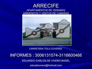 ARRECIFEARRECIFE
APARTAMENTOS DE VERANEOAPARTAMENTOS DE VERANEO
ARRIENDOS Y VENTAS DE CABAÑASARRIENDOS Y VENTAS DE CABAÑAS
CARRETERA TOLU COVEÑAS
INFORMES : 3006131574-3116600466
EDUARDO CARLOS DE VIVERO BADEL
eduadevivero@hotmail.com
 