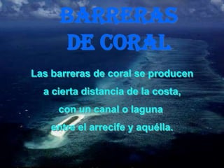 BARRERAS
      DE CORAL
Las barreras de coral se producen
  a cierta distancia de la costa,
     con un canal o laguna
    entre el arrecife y aquélla.
 