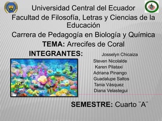 Universidad Central del Ecuador
Facultad de Filosofía, Letras y Ciencias de la
Educación
Carrera de Pedagogía en Biología y Química
TEMA: Arrecifes de Coral
INTEGRANTES: Josselyn Chicaiza
Steven Nicolalde
Karen Pilataxi
Adriana Pinango
Guadalupe Saltos
Tania Vásquez
Diana Velastegui
SEMESTRE: Cuarto ¨A¨
 