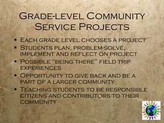 Grade-level Community Service Projects Each grade level chooses a project Students plan, problem-solve, implement and reflect on project Possible “being there” field trip experiences Opportunity to give back and be a part of a larger community Teaching students to be responsible citizens and contributors to their community 