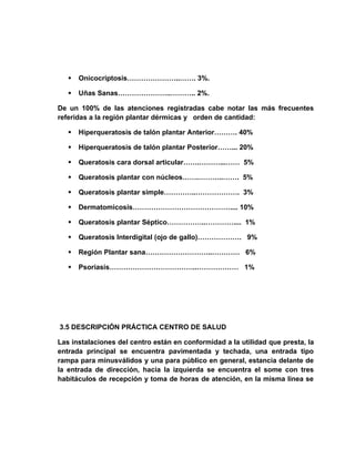    Onicocriptosis…………………..……. 3%.

      Uñas Sanas…………………..……….. 2%.

De un 100% de las atenciones registradas cabe notar las más frecuentes
referidas a la región plantar dérmicas y orden de cantidad:

      Hiperqueratosis de talón plantar Anterior………. 40%

      Hiperqueratosis de talón plantar Posterior……... 20%

      Queratosis cara dorsal articular…….………...…… 5%

      Queratosis plantar con núcleos…….………..……. 5%

      Queratosis plantar simple…………..………………. 3%

      Dermatomicosis…………………………………….... 10%

      Queratosis plantar Séptico……………..………….... 1%

      Queratosis Interdigital (ojo de gallo)………………. 9%

      Región Plantar sana………………………..………… 6%

      Psoriasis………………………………..……………… 1%




3.5 DESCRIPCIÓN PRÁCTICA CENTRO DE SALUD

Las instalaciones del centro están en conformidad a la utilidad que presta, la
entrada principal se encuentra pavimentada y techada, una entrada tipo
rampa para minusválidos y una para público en general, estancia delante de
la entrada de dirección, hacia la izquierda se encuentra el some con tres
habitáculos de recepción y toma de horas de atención, en la misma línea se
 