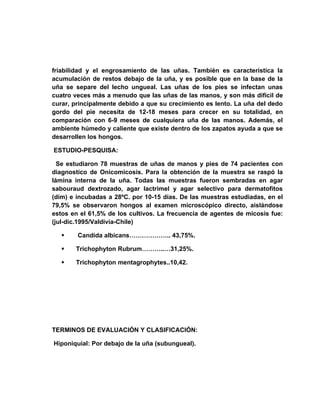 friabilidad y el engrosamiento de las uñas. También es característica la
acumulación de restos debajo de la uña, y es posible que en la base de la
uña se separe del lecho ungueal. Las uñas de los pies se infectan unas
cuatro veces más a menudo que las uñas de las manos, y son más difícil de
curar, principalmente debido a que su crecimiento es lento. La uña del dedo
gordo del pie necesita de 12-18 meses para crecer en su totalidad, en
comparación con 6-9 meses de cualquiera uña de las manos. Además, el
ambiente húmedo y caliente que existe dentro de los zapatos ayuda a que se
desarrollen los hongos.

ESTUDIO-PESQUISA:

  Se estudiaron 78 muestras de uñas de manos y pies de 74 pacientes con
diagnostico de Onicomicosis. Para la obtención de la muestra se raspó la
lámina interna de la uña. Todas las muestras fueron sembradas en agar
sabouraud dextrozado, agar lactrimel y agar selectivo para dermatofitos
(dim) e incubadas a 28ºC. por 10-15 días. De las muestras estudiadas, en el
79,5% se observaron hongos al examen microscópico directo, aislándose
estos en el 61,5% de los cultivos. La frecuencia de agentes de micosis fue:
(jul-dic.1995/Valdivia-Chile)

       Candida albicans……………….. 43,75%.

      Trichophyton Rubrum………..…31,25%.

      Trichophyton mentagrophytes..10,42.




TERMINOS DE EVALUACIÓN Y CLASIFICACIÓN:

Hiponiquial: Por debajo de la uña (subungueal).
 