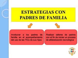ESTRATEGIAS CON
PADRES DE FAMILIA
Realizar talleres de padres
con el fin de iniciar un proceso
de alfabetización tecnológica
Involucrar a los padres de
familia en el acompañamiento
del uso de las TICs de sus hijos
 