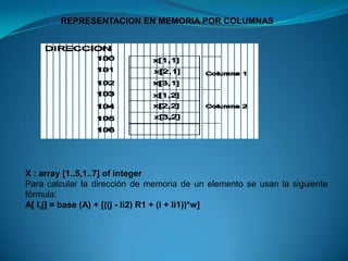 REPRESENTACION EN MEMORIA POR COLUMNASX : array [1..5,1..7] of integerPara calcular la dirección de memoria de un elemento se usan la siguiente fórmula:A[ I,j] = base (A) + [((j - li2) R1 + (i + li1))*w]