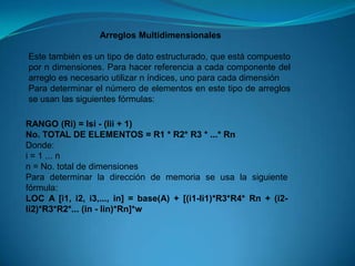 Arreglos MultidimensionalesEste también es un tipo de dato estructurado, que está compuesto por n dimensiones. Para hacer referencia a cada componente del arreglo es necesario utilizar n índices, uno para cada dimensiónPara determinar el número de elementos en este tipo de arreglos se usan las siguientes fórmulas:RANGO (Ri) = lsi - (lii + 1)No. TOTAL DE ELEMENTOS = R1 * R2* R3 * ...* RnDonde:i = 1 ... nn = No. total de dimensionesPara determinar la dirección de memoria se usa la siguiente fórmula:LOC A [i1, i2, i3,..., in] = base(A) + [(i1-li1)*R3*R4* Rn+ (i2-li2)*R3*R2*... (in - lin)*Rn]*w