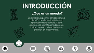 INTRODUCCIÓN
Un arreglo nos permite almacenar una
colección de elementos del mismo
tipo bajo un solo nombre. Cada
elemento se identifica mediante un
índice numérico, el cual indica su
posición en la secuencia.
¿Qué es un arreglo?
 