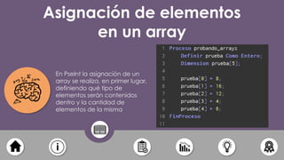 En PseInt la asignación de un
array se realiza, en primer lugar,
definiendo qué tipo de
elementos serán contenidos
dentro y la cantidad de
elementos de la misma
Asignación de elementos
en un array
 
