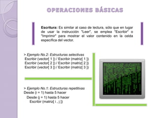 OPERACIONES BÁSICASEscritura: Es similar al caso de lectura, sólo que en lugar de usar la instrucción "Leer", se emplea "Escribir" o "Imprimir" para mostrar el valor contenido en la celda específica del vector.> Ejemplo No.2: Estructuras selectivas Escribir (vector[ 1 ]) / Escribir (matriz[ 1 ])  Escribir (vector[ 2 ]) / Escribir (matriz[ 2 ])  Escribir (vector[ 3 ]) / Escribir (matriz[ 3 ]) > Ejemplo No.1: Estructuras repetitivasDesde (i = 1) hasta 5 hacer   Desde (j = 1) hasta 5 hacer       Escribir (matriz[ i , j ])