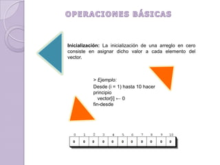 OPERACIONES BÁSICASInicialización: La inicialización de una arreglo en cero consiste en asignar dicho valor a cada elemento del vector.> Ejemplo:Desde (i = 1) hasta 10 hacerprincipio   vector[i] ← 0fin-desde