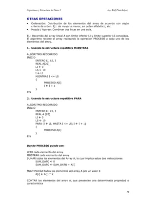 Algoritmos y Estructura de Datos I                                   Ing. Rolf Pinto López


OTRAS OPERACIONES
    Ordenación: Distribución de los elementos del array de acuerdo con algún
    criterio de orden. Ej.: de mayor a menor, en orden alfabético, etc.
    Mezcla / Apareo: Combinar dos listas en una sola.

Ej.: Recorrido del array lineal A con límite inferior LI y límite superior LS conocidos.
El algoritmo recorre el array realizando la operación PROCESO a cada uno de los
elementos del array.

1. Usando la estructura repetitiva MIENTRAS

ALGORITMO RECORRIDO
INICIO
       ENTERO LI, LS, I
       REAL A[20]
       LI  0
       LS   19
       I  LI
       MIENTRAS I <= LS
       {
             PROCESO A[I]
             I   I+1
       }
FIN

2. Usando la estructura repetitiva PARA

ALGORITMO RECORRIDO
INICIO
       ENTERO LI, LS, I
       REAL A [20]
       LI  0
       LS   19
       PARA (I   LI; HASTA I <= LS; I       I + 1)
       {
             PROCESO A[I]
       }
FIN


Donde PROCESO puede ser:

LEER cada elemento del array
MOSTRAR cada elemento del array
SUMAR todos los elementos del Array A, lo cual implica estas dos instrucciones
      SUM_DATO      0
      SUM_DATO      SUM_DATO + A[i]

MULTIPLICAR todos los elementos del array A por un valor X
      A[i]  A[i] * X

CONTAR los elementos del array A, que presenten una determinada propiedad o
característica


                                                                                         9
 