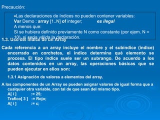 Precaución: 1.3. Uso del Índice de un Array Cada referencia a un array incluye el nombre y el subíndice (índice) encerrado en corchetes, el índice determina qué elemento se procesa. El tipo índice suele ser un subrango. De acuerdo a los datos contenidos en un array, las operaciones básicas que se pueden ejecutar en ellos son: 1.3.1 Asignación de valores a elementos del array. A los componentes de un Array se pueden asignar valores de igual forma que a cualquier otra variable, con tal de que sean del mismo tipo. A[ i ]  := 25; Trafico[ 3 ]  := Rojo;  A[ i ]  := c; Las declaraciones de índices no pueden contener variables: Var  Demo :  array  [1..N]  of  integer;  es ilegal A menos que: Si se hubiera definido previamente N como constante (por ejem. N = 10), sí sería válida la declaración. 