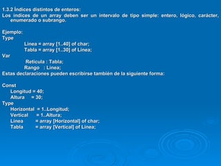 1.3.2 Índices distintos de enteros: Los índices de un array deben ser un intervalo de tipo simple: entero, lógico, carácter, enumerado o subrango. Ejemplo: Type Linea = array [1..40] of char; Tabla = array [1..30] of Linea; Var   Reticula : Tabla; Rango  : Linea; Estas declaraciones pueden escribirse también de la siguiente forma: Const Longitud = 40; Altura  = 30; Type Horizontal  = 1..Longitud; Vertical  = 1..Altura; Linea  = array [Horizontal] of char; Tabla  = array [Vertical] of Linea; 