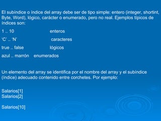 El subíndice o índice del array debe ser de tipo simple: entero (integer, shortint, Byte, Word), lógico, carácter o enumerado, pero no real. Ejemplos típicos de índices son: 1 .. 10 enteros ‘ C’ ..  ‘N’   caracteres true .. false lógicos azul .. marrón enumerados Un elemento del array se identifica por el nombre del array y el subíndice (índice) adecuado contenido entre corchetes. Por ejemplo:  Salarios[1] Salarios[2] Salarios[10] 
