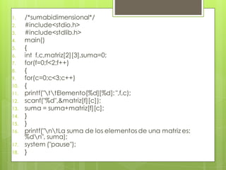 1.

2.
3.
4.
5.
6.
7.
8.
9.
10.
11.
12.
13.
14.
15.
16.
17.
18.

/*sumabidimensional*/
#include<stdio.h>
#include<stdlib.h>
main()
{
int f,c,matriz[2][3],suma=0;
for(f=0;f<2;f++)
{
for(c=0;c<3;c++)
{
printf("ttElemento[%d][%d]: ",f,c);
scanf("%d",&matriz[f][c]);
suma = suma+matriz[f][c];
}
}
printf("ntLa suma de los elementos de una matriz es:
%dn", suma);
system ("pause");
}

 