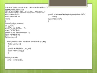 /*ALMACENAR UNA MATRIZ DE n*n E IMPRIMIR LOS
ELEMENTOS Y SUMAR
LOS ELEMENTOS DE LA DIAGONAL PRINCIPAL*/
#include<stdio.h>
printf("nSuma de la diagonal principal es : %fn",
#include<stdlib.h>
suma);
main()
system ("pause");
{
}
float a[50][50],suma=0;
int i,j,n,m;
printf("n No. de filas= ");
scanf ("t %d",&n);
printf("n No. de columnas= ");
scanf ("t %d",&m);
for(i=0;i<n;i++)
{
printf("Lectura de la fila %d de la matriz A: n",i+1);
for(j=0;j<m;j++)
{
printf(" A (%d,%d)=", i+1,j+1);
scanf ("%f",&a[i][j]);
}
}
for(i=0; i<n; i++)
suma = suma+a[i][i];

 