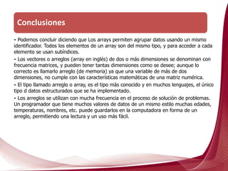 - Podemos concluir diciendo que Los arrays permiten agrupar datos usando un mismo
identificador. Todos los elementos de un array son del mismo tipo, y para acceder a cada
elemento se usan subíndices.
- Los vectores o arreglos (array en inglés) de dos o más dimensiones se denominan con
frecuencia matrices, y pueden tener tantas dimensiones como se desee; aunque lo
correcto es llamarlo arreglo (de memoria) ya que una variable de más de dos
dimensiones, no cumple con las características matemáticas de una matriz numérica.
- El tipo llamado arreglo o array, es el tipo más conocido y en muchos lenguajes, el único
tipo d datos estructurados que se ha implementado.
- Los arreglos se utilizan con mucha frecuencia en el proceso de solución de problemas.
Un programador que tiene muchos valores de datos de un mismo estilo muchas edades,
temperaturas, nombres, etc. puede guardarlos en la computadora en forma de un
arreglo, permitiendo una lectura y un uso más fácil.
Conclusiones
 