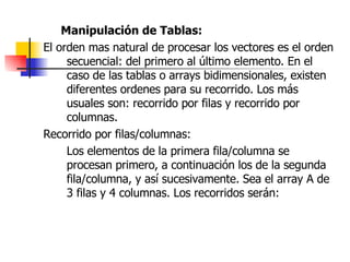 Manipulación de Tablas: El orden mas natural de procesar los vectores es el orden secuencial: del primero al último elemento. En el caso de las tablas o arrays bidimensionales, existen diferentes ordenes para su recorrido. Los más usuales son: recorrido por filas y recorrido por columnas. Recorrido por filas/columnas: Los elementos de la primera fila/columna se procesan primero, a continuación los de la segunda fila/columna, y así sucesivamente. Sea el array A de 3 filas y 4 columnas. Los recorridos serán: 