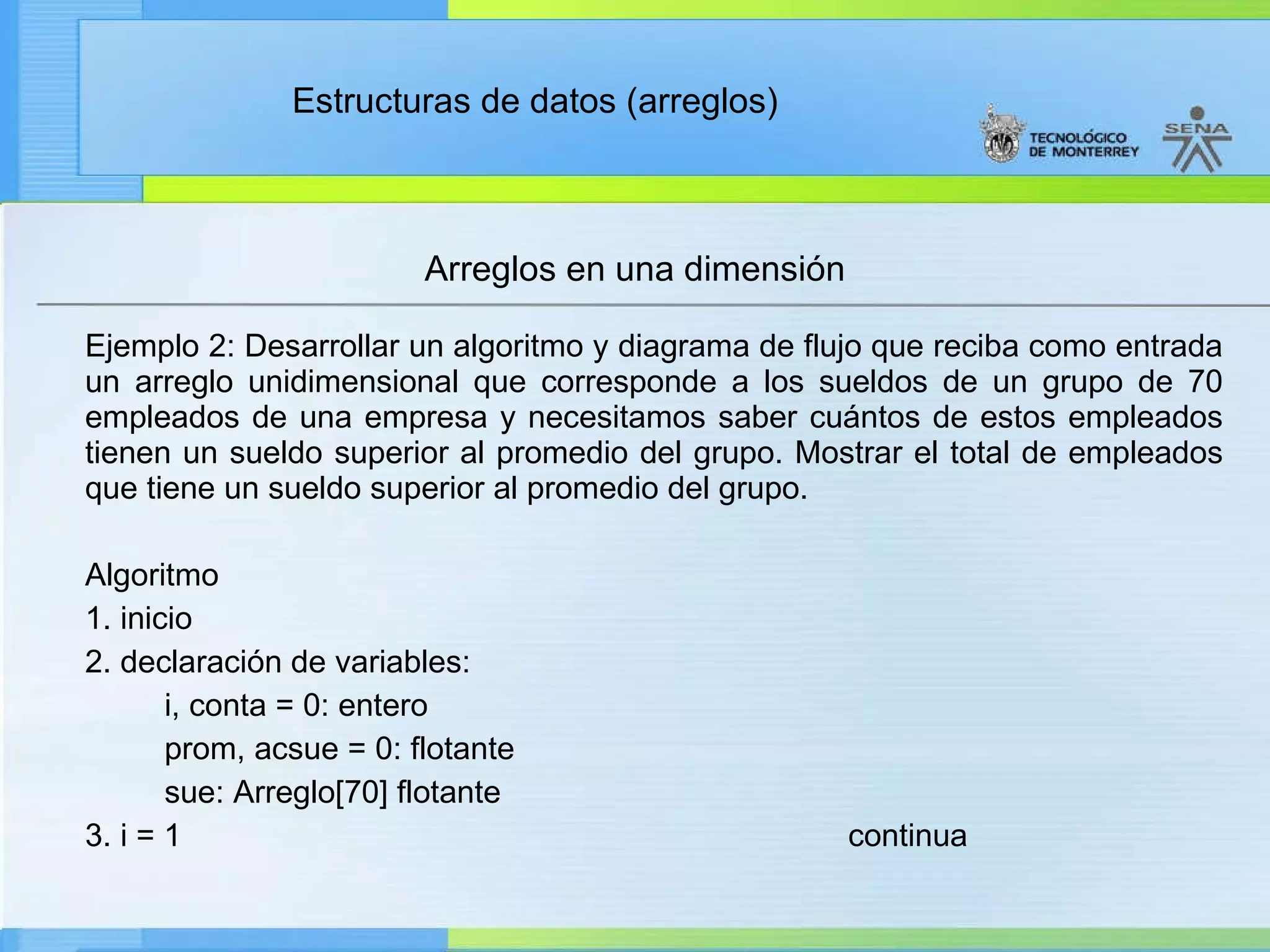 Ejemplo 2: Desarrollar un algoritmo y diagrama de flujo que reciba como entrada un arreglo unidimensional que corresponde a los sueldos de un grupo de 70 empleados de una empresa y necesitamos saber cuántos de estos empleados tienen un sueldo superior al promedio del grupo. Mostrar el total de empleados que tiene un sueldo superior al promedio del grupo. Algoritmo 1. inicio 2. declaración de variables: i, conta = 0: entero prom, acsue = 0: flotante sue: Arreglo[70] flotante 3. i = 1  continua Arreglos en una dimensión 