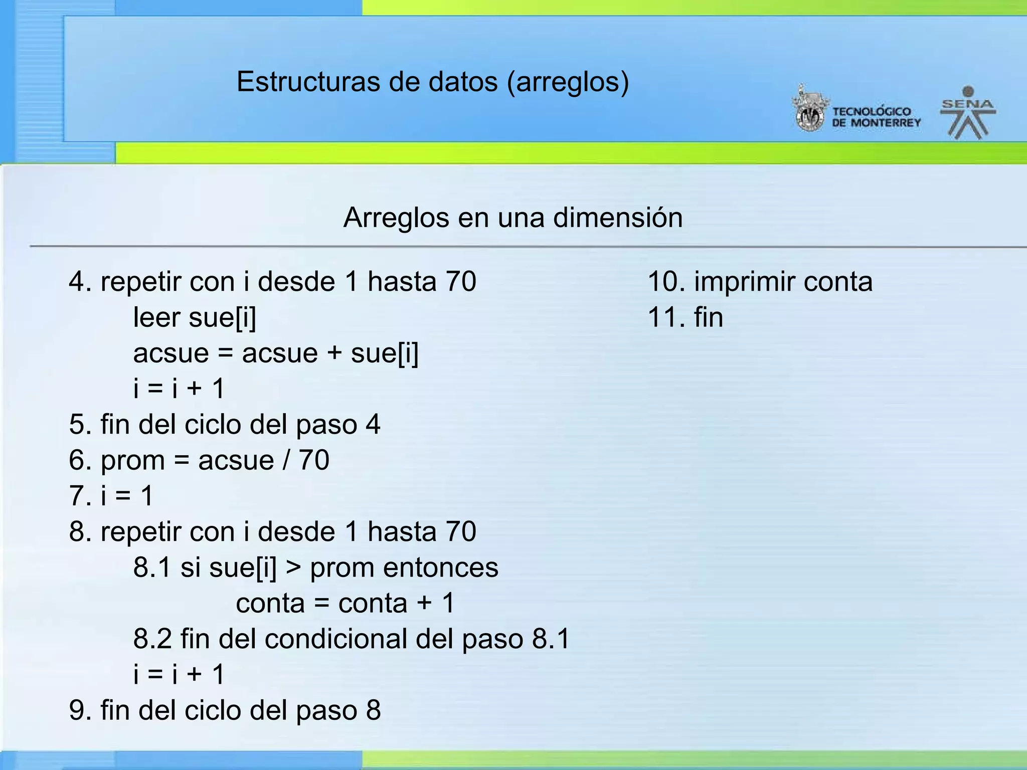 4. repetir con i desde 1 hasta 70 10. imprimir conta leer sue[i] 11. fin acsue = acsue + sue[i] i = i + 1 5. fin del ciclo del paso 4 6. prom = acsue / 70 7. i = 1 8. repetir con i desde 1 hasta 70 8.1 si sue[i] > prom entonces conta = conta + 1 8.2 fin del condicional del paso 8.1 i = i + 1 9. fin del ciclo del paso 8 Arreglos en una dimensión 