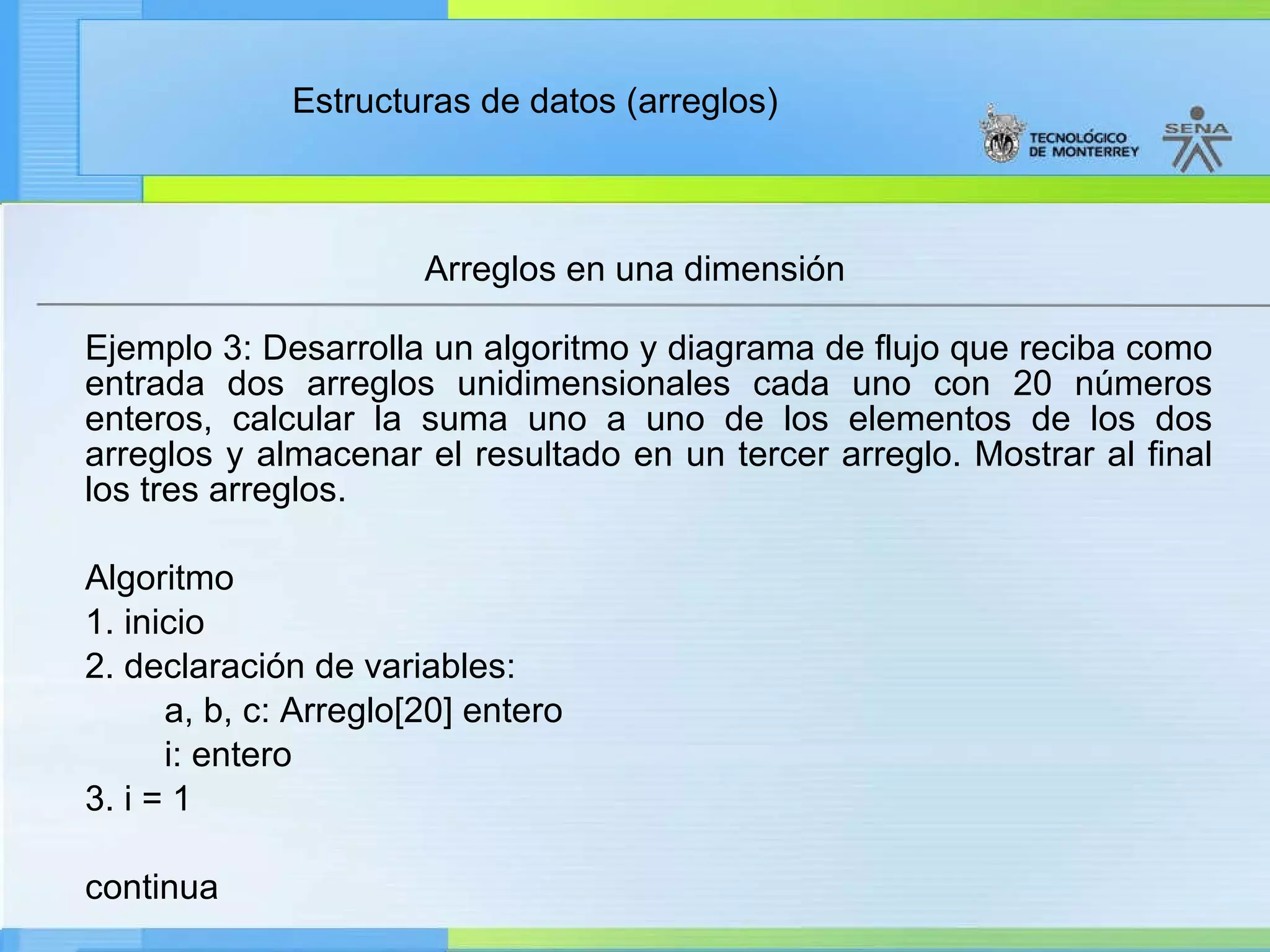 Ejemplo 3: Desarrolla un algoritmo y diagrama de flujo que reciba como entrada dos arreglos unidimensionales cada uno con 20 números enteros, calcular la suma uno a uno de los elementos de los dos arreglos y almacenar el resultado en un tercer arreglo. Mostrar al final los tres arreglos.  Algoritmo 1. inicio 2. declaración de variables: a, b, c: Arreglo[20] entero i: entero 3. i = 1 continua Arreglos en una dimensión 