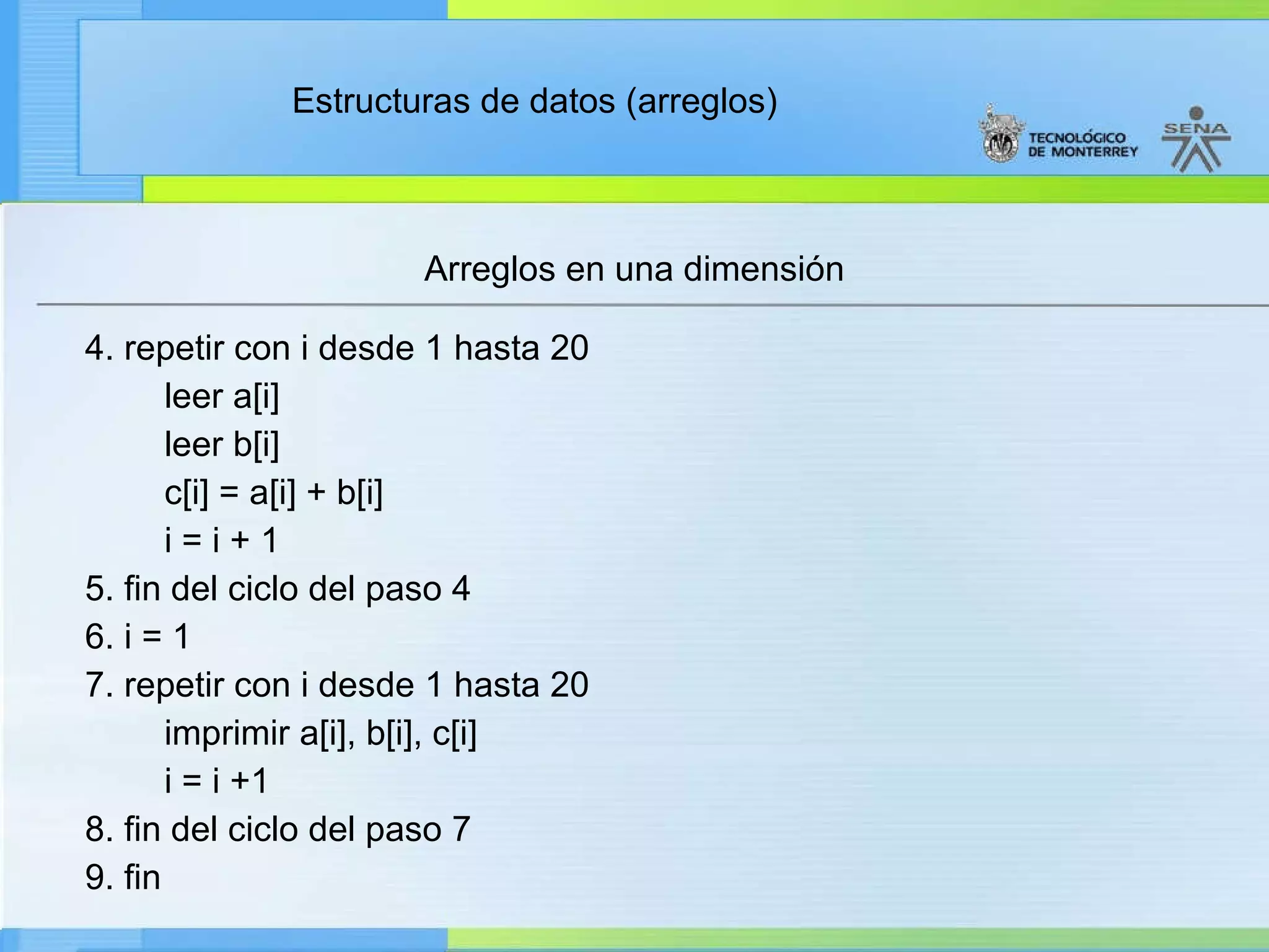 4. repetir con i desde 1 hasta 20  leer a[i] leer b[i] c[i] = a[i] + b[i] i = i + 1 5. fin del ciclo del paso 4 6. i = 1 7. repetir con i desde 1 hasta 20 imprimir a[i], b[i], c[i] i = i +1 8. fin del ciclo del paso 7 9. fin Arreglos en una dimensión 
