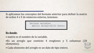 Si aplicamos los conceptos del formato anterior para definir la matriz
de orden 4 x 5 de números enteros, tenemos:
En donde:
• matriz es el nombre de la variable.
•Es un arreglo que contiene 4 renglones y 5 columnas (20
elementos).
• Cada elemento del arreglo es un dato de tipo entero.
 