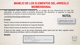 Para relacionar cada elemento individual de un arreglo de tres dimensiones se usan tres
subíndices; el primero indica la primera dimensión del elemento, el segundo la segunda
dimensión y el tercero la tercera dimensión, como sigue:
nomVar[primera][segunda][tercera]
En donde:
Primera: Indica el número de elemento en la primera dimensión.
Segunda: Indica el número de elemento en la segunda dimensión.
Tercera: Indica el número de elemento en la tercera dimensión.
Al igual que toda variable, una de tipo arreglo tridimesional puede usarse para leer datos, asignarle valores
mediante expresiones aritméticas, imprimir su contenido, etcétera.
Ejemplos:
MANEJO DE LOS ELEMENTOS DEL ARREGLO
BIDIMENSIONAL
NOTA:
 
