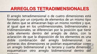 El arreglo tetradimensional o de cuatro dimensiones está
formado por un conjunto de elementos de un mismo tipo
de datos que se almacenan bajo un mismo nombre y que,
al igual que en los unidimensionales, bidimensionales y
tridimensionales, se diferencian por la posición que tiene
cada elemento dentro del arreglo de datos, con la
aclaración de que la disposición de los elementos es una
doble combinación del arreglo bidimensional. Las
primeras dos dimensiones se podrían esquematizar como
un arreglo bidimensional y la tercera y cuarta dimensión
esquematizan otro arreglo bidimensional dentro del
ARREGLOS TETRADIMENSIONALES
 