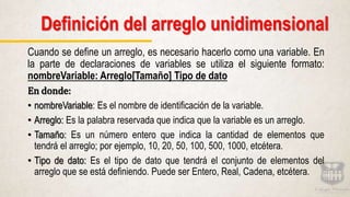 Cuando se define un arreglo, es necesario hacerlo como una variable. En
la parte de declaraciones de variables se utiliza el siguiente formato:
nombreVariable: Arreglo[Tamaño] Tipo de dato
En donde:
• nombreVariable: Es el nombre de identificación de la variable.
• Arreglo: Es la palabra reservada que indica que la variable es un arreglo.
• Tamaño: Es un número entero que indica la cantidad de elementos que
tendrá el arreglo; por ejemplo, 10, 20, 50, 100, 500, 1000, etcétera.
• Tipo de dato: Es el tipo de dato que tendrá el conjunto de elementos del
arreglo que se está definiendo. Puede ser Entero, Real, Cadena, etcétera.
Definición del arreglo unidimensional
 