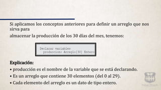 Si aplicamos los conceptos anteriores para definir un arreglo que nos
sirva para
almacenar la producción de los 30 días del mes, tenemos:
Explicación:
• producción es el nombre de la variable que se está declarando.
• Es un arreglo que contiene 30 elementos (del 0 al 29).
• Cada elemento del arreglo es un dato de tipo entero.
 