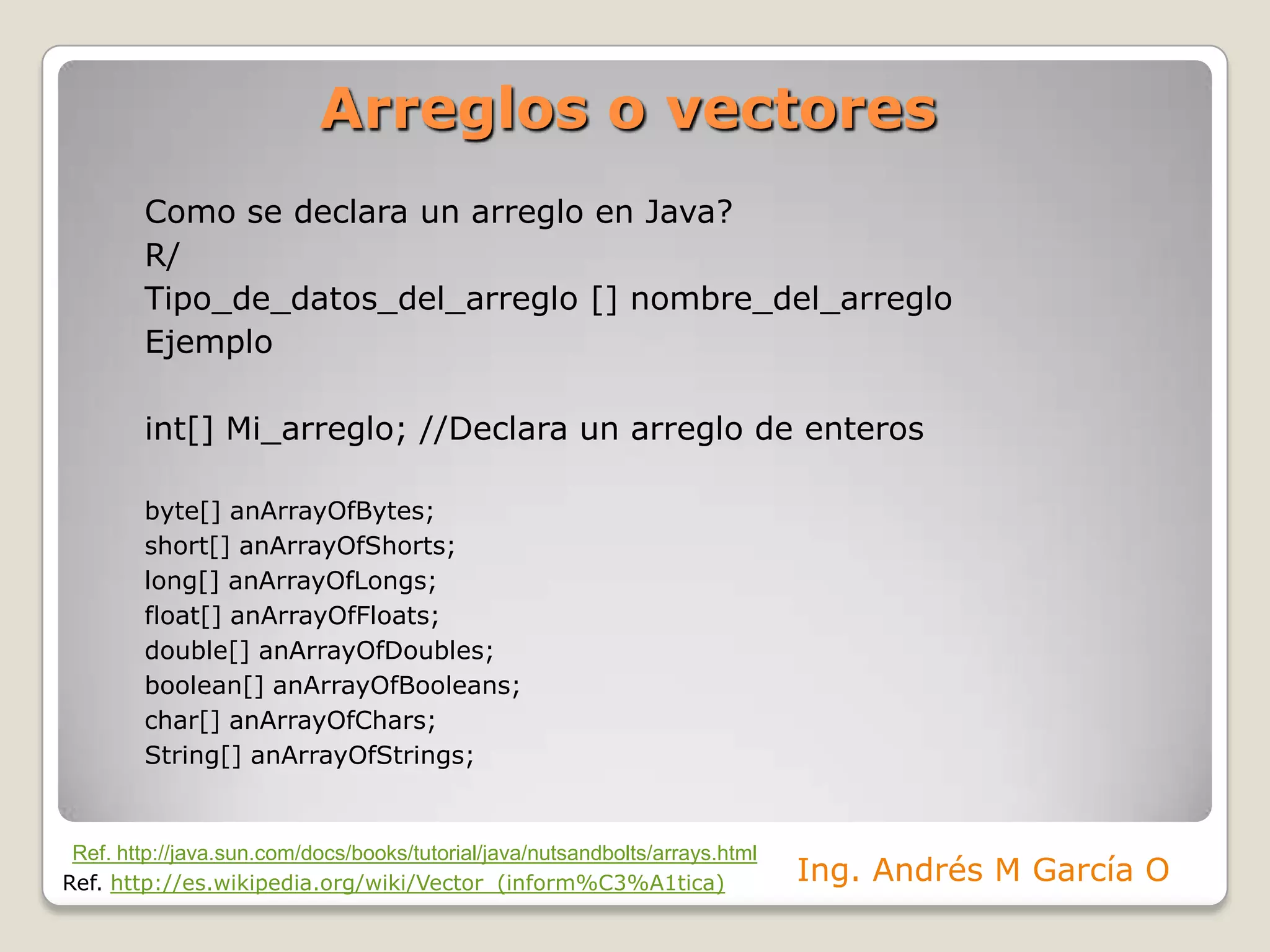 Arreglos o vectoresComo se declara un arreglo en Java?R/Tipo_de_datos_del_arreglo [] nombre_del_arregloEjemploint[] Mi_arreglo; //Declara un arreglo de enterosbyte[] anArrayOfBytes; short[] anArrayOfShorts;long[] anArrayOfLongs; float[] anArrayOfFloats; double[] anArrayOfDoubles;boolean[] anArrayOfBooleans; char[] anArrayOfChars;String[] anArrayOfStrings;Ref. http://java.sun.com/docs/books/tutorial/java/nutsandbolts/arrays.htmlIng. Andrés M García ORef. http://es.wikipedia.org/wiki/Vector_(inform%C3%A1tica)