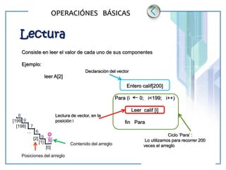 www.themegallery.com LOGO
OPERACIÓNES BÁSICAS
Lectura
Consiste en leer el valor de cada uno de sus componentes
Ejemplo:
leer A[2]
Entero calif[200]
Para (i 0; i<199; i++)
Leer calif [i]
fin Para
Declaración del vector
Ciclo ‘Para’ :
Lo utilizamos para recorrer 200
veces el arreglo
Lectura de vector, en la
posición i
[0]
[1]
[2]
…
[199]
[198]
Posiciones del arreglo
10
9
6
7
9
8
Contenido del arreglo
 