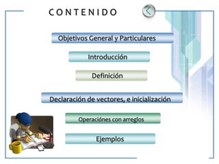 www.themegallery.com LOGO
C O N T E N I D O
Objetivos General y Particulares
Introducción
Definición
Declaración de vectores, e inicialización
Operaciónes con arreglos
Ejemplos
 