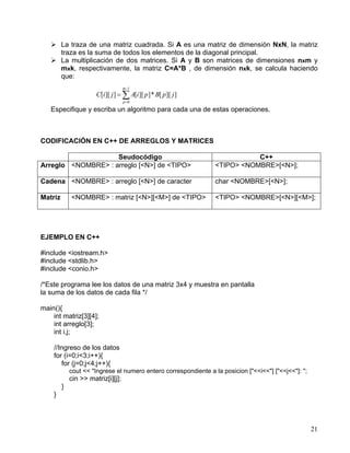 21
La traza de una matriz cuadrada. Si A es una matriz de dimensión NxN, la matriz
traza es la suma de todos los elementos de la diagonal principal.
La multiplicación de dos matrices. Si A y B son matrices de dimensiones nxm y
mxk, respectivamente, la matriz C=A*B , de dimensión nxk, se calcula haciendo
que:
∑
−
=
=
1
0
]][[*]][[]][[
m
p
jpBpiAjiC
Especifique y escriba un algoritmo para cada una de estas operaciones.
CODIFICACIÓN EN C++ DE ARREGLOS Y MATRICES
Seudocódigo C++
Arreglo <NOMBRE> : arreglo [<N>] de <TIPO> <TIPO> <NOMBRE>[<N>];
Cadena <NOMBRE> : arreglo [<N>] de caracter char <NOMBRE>[<N>];
Matriz <NOMBRE> : matriz [<N>][<M>] de <TIPO> <TIPO> <NOMBRE>[<N>][<M>];
EJEMPLO EN C++
#include <iostream.h>
#include <stdlib.h>
#include <conio.h>
/*Este programa lee los datos de una matriz 3x4 y muestra en pantalla
la suma de los datos de cada fila */
main(){
int matriz[3][4];
int arreglo[3];
int i,j;
//Ingreso de los datos
for (i=0;i<3;i++){
for (j=0;j<4;j++){
cout << "Ingrese el numero entero correspondiente a la posicion ["<<i<<"] ["<<j<<"]: ";
cin >> matriz[i][j];
}
}
 