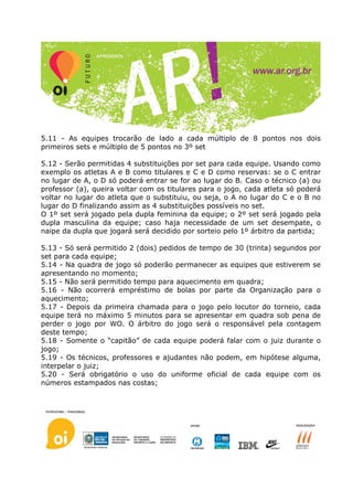 5.11 - As equipes trocarão de lado a cada múltiplo de 8 pontos nos dois
primeiros sets e múltiplo de 5 pontos no 3º set

5.12 - Serão permitidas 4 substituições por set para cada equipe. Usando como
exemplo os atletas A e B como titulares e C e D como reservas: se o C entrar
no lugar de A, o D só poderá entrar se for ao lugar do B. Caso o técnico (a) ou
professor (a), queira voltar com os titulares para o jogo, cada atleta só poderá
voltar no lugar do atleta que o substituiu, ou seja, o A no lugar do C e o B no
lugar do D finalizando assim as 4 substituições possíveis no set.
O 1º set será jogado pela dupla feminina da equipe; o 2º set será jogado pela
dupla masculina da equipe; caso haja necessidade de um set desempate, o
naipe da dupla que jogará será decidido por sorteio pelo 1º árbitro da partida;

5.13 - Só será permitido 2 (dois) pedidos de tempo de 30 (trinta) segundos por
set para cada equipe;
5.14 - Na quadra de jogo só poderão permanecer as equipes que estiverem se
apresentando no momento;
5.15 - Não será permitido tempo para aquecimento em quadra;
5.16 - Não ocorrerá empréstimo de bolas por parte da Organização para o
aquecimento;
5.17 - Depois da primeira chamada para o jogo pelo locutor do torneio, cada
equipe terá no máximo 5 minutos para se apresentar em quadra sob pena de
perder o jogo por WO. O árbitro do jogo será o responsável pela contagem
deste tempo;
5.18 - Somente o “capitão” de cada equipe poderá falar com o juiz durante o
jogo;
5.19 - Os técnicos, professores e ajudantes não podem, em hipótese alguma,
interpelar o juiz;
5.20 - Será obrigatório o uso do uniforme oficial de cada equipe com os
números estampados nas costas;
 