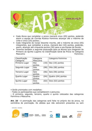 •   Cada Aluna que completar a prova marcará cinco (05) pontos, podendo
      assim a equipe de Corrida Rústica Feminino alcançar até o máximo de
      vinte e cinco (25) pontos ;
  •   Cada integrante do Corpo Docente inscrito, até o máximo de cinco (05)
      integrantes, que completar a prova, marcará dez (10) pontos, podendo,
      assim, alcançar até cinquenta pontos (50) para a sua Equipe da Escola;
  •   Teremos também a seguinte pontuação para os Alunos que chegarem do
      Primeiro ao Quinto Lugares na Classificação Geral da Prova na Categoria
      Masculino                          e                          Feminino:

      Classificação    na
                       Categoria        Categoria Feminina
      Categoria        Masculina
      Primeiro Lugar   Dez         (10) Dez (10) pontos
                       pontos
      Segundo Lugar    Oito        (08) Oito (08) pontos
                       pontos
      Terceiro Lugar   Seis        (06) Seis (06) pontos
                       pontos
      Quarto Lugar     Quatro      (04) Quatro (04) pontos
                       pontos
      Quinto Lugar     Dois        (02) Dois (02) pontos
                       pontos


• Serão premiados com medalhas:
- Todos os participantes que completarem o percurso;
- O primeiro, segundo, terceiro, quarto e quinto colocados das categorias
Feminina e Masculina.

Art. 25 - A premiação das categorias será feita no próprio dia da prova, na
cerimônia de premiação. Os atletas que não estiverem presentes ou sem
 