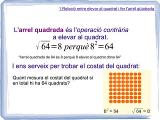 1.Relació entre elevar al quadrat i fer l'arrel quadrada




L'arrel quadrada és l'operació contrària
             a elevar al quadrat.
                                                 2
            √ 64=8 perquè 8 =64
  “l'arrel quadrada de 64 és 8 perquè 8 elevat al quadrat dóna 64”

I ens serveix per trobar el costat del quadrat:
Quant mesura el costat del quadrat si
en total hi ha 64 quadrats?
 