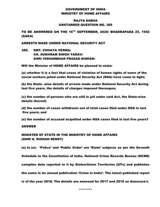 GOVERNMENT OF INDIA
MINISTRY OF HOME AFFAIRS
RAJYA SABHA
UNSTARRED QUESTION NO. 389
TO BE ANSWERED ON THE 16TH
SEPTEMBER, 2020/ BHADRAPADA 25, 1942
(SAKA)
ARRESTS MADE UNDER NATIONAL SECURITY ACT
389. SMT. CHHAYA VERMA:
CH. SUKHRAM SINGH YADAV:
SHRI VISHAMBHAR PRASAD NISHAD:
Will the Minister of HOME AFFAIRS be pleased to state:
(a) whether it is a fact that cases of violation of human rights of some of the
social workers jailed under National Security Act (NSA) have come to light;
(b) the State- wise details of arrests made under National Security Act during
last five years, the details of charges imposed thereupon;
(c) the number of persons who are still in jail under said Act, the State-wise
details thereof;
(d) the number of cases withdrawn out of total cases filed under NSA in last
five years; and
(e) the number of accused acquitted under NSA cases filed in last five years?
ANSWER
MINISTER OF STATE IN THE MINISTRY OF HOME AFFAIRS
(SHRI G. KISHAN REDDY)
(a) to (e): ‘Police’ and ‘Public Order’ are ‘State’ subjects as per the Seventh
Schedule to the Constitution of India. National Crime Records Bureau (NCRB)
compiles data reported to it by States/Union Territories (UTs) and publishes
the same in its annual publication ‘Crime in India’. The latest published report
is of the year 2018. The details are annexed for 2017 and 2018 as Annexure-I.
********
 