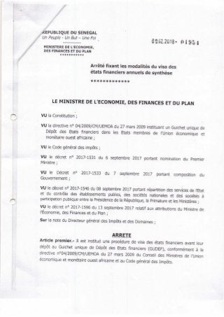 Arrêté fixant les modalités du visa des Etats financiers au Sénégal