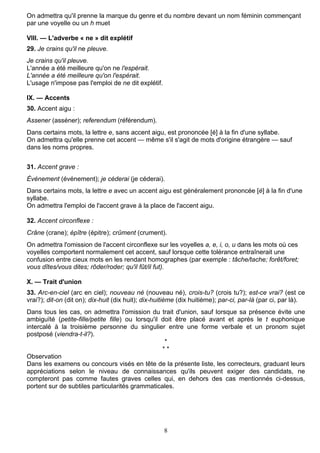 8
On admettra qu'il prenne la marque du genre et du nombre devant un nom féminin commençant
par une voyelle ou un h muet
VIII. — L'adverbe « ne » dit explétif
29. Je crains qu'il ne pleuve.
Je crains qu'il pleuve.
L'année a été meilleure qu'on ne l'espérait.
L'année a été meilleure qu'on l'espérait.
L'usage n'impose pas l'emploi de ne dit explétif.
IX. — Accents
30. Accent aigu :
Assener (asséner); referendum (référendum).
Dans certains mots, la lettre e, sans accent aigu, est prononcée [é] à la fin d'une syllabe.
On admettra qu'elle prenne cet accent — même s'il s'agit de mots d'origine étrangère — sauf
dans les noms propres.
31. Accent grave :
Événement (événement); je céderai (je céderai).
Dans certains mots, la lettre e avec un accent aigu est généralement prononcée [è] à la fin d'une
syllabe.
On admettra l'emploi de l'accent grave à la place de l'accent aigu.
32. Accent circonflexe :
Crâne (crane); épître (épitre); crûment (crument).
On admettra l'omission de l'accent circonflexe sur les voyelles a, e, i, o, u dans les mots où ces
voyelles comportent normalement cet accent, sauf lorsque cette tolérance entraînerait une
confusion entre cieux mots en les rendant homographes (par exemple : tâche/tache; forêt/foret;
vous dîtes/vous dites; rôder/roder; qu'il fût/il fut).
X. — Trait d'union
33. Arc-en-ciel (arc en ciel); nouveau né (nouveau né), crois-tu? (crois tu?); est-ce vrai? (est ce
vrai?); dit-on (dit on); dix-huit (dix huit); dix-huitième (dix huitième); par-ci, par-là (par ci, par là).
Dans tous les cas, on admettra l'omission du trait d'union, sauf lorsque sa présence évite une
ambiguïté (petite-fille/petite fille) ou lorsqu'il doit être placé avant et après le t euphonique
intercalé à la troisième personne du singulier entre une forme verbale et un pronom sujet
postposé (viendra-t-il?).
*
* *
Observation
Dans les examens ou concours visés en tête de la présente liste, les correcteurs, graduant leurs
appréciations selon le niveau de connaissances qu'ils peuvent exiger des candidats, ne
compteront pas comme fautes graves celles qui, en dehors des cas mentionnés ci-dessus,
portent sur de subtiles particularités grammaticales.
 
