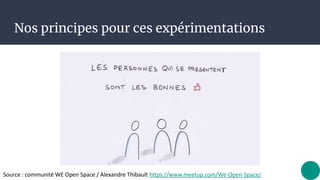 Nos principes pour ces expérimentations
Source : communité WE Open Space / Alexandre Thibault https://www.meetup.com/We-Op...