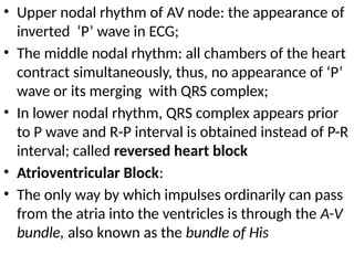 • Upper nodal rhythm of AV node: the appearance of
inverted ‘P’ wave in ECG;
• The middle nodal rhythm: all chambers of the heart
contract simultaneously, thus, no appearance of ‘P’
wave or its merging with QRS complex;
• In lower nodal rhythm, QRS complex appears prior
to P wave and R-P interval is obtained instead of P-R
interval; called reversed heart block
• Atrioventricular Block:
• The only way by which impulses ordinarily can pass
from the atria into the ventricles is through the A-V
bundle, also known as the bundle of His
 