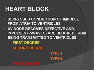 HEART BLOCK
 DEPRESSED CONDUCTION OF IMPULSE
FROM ATRIA TO VENTRICLES
 AV NODE BECOMES DEFECTIVE AND
IMPULSES (P-WAVES) ARE BLOCKED FROM
BEING TRANSMITTED TO VENTRICLES
FIRST DEGREE
SECOND DEGREE
TYPE I
TYPE II
THIRD DEGREE
 