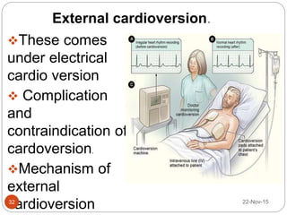 External cardioversion.
These comes
under electrical
cardio version
 Complication
and
contraindication of
cardoversion.
Mechanism of
external
cardioversion 22-Nov-1532
 