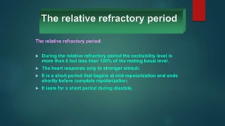 The relative refractory period
The relative refractory period:
 During the relative refractory period the excitability level is
more than 0 but less than 100% of the resting basal level.
 The heart responds only to stronger stimuli.
 It is a short period that begins at mid-repolarization and ends
shortly before complete repolarization.
 It lasts for a short period during diastole.
 