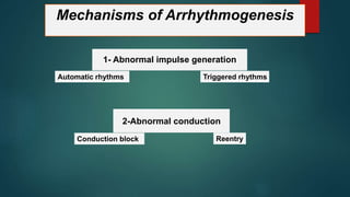 Mechanisms of Arrhythmogenesis
1- Abnormal impulse generation
Automatic rhythms Triggered rhythms
2-Abnormal conduction
Conduction block Reentry
 