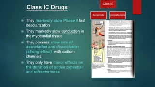 Class IC Drugs
 They markedly slow Phase 0 fast
depolarization
 They markedly slow conduction in
the myocardial tissue
 They possess slow rate of
association and dissociation
(strong effect) with sodium
channels
 They only have minor effects on
the duration of action potential
and refractoriness
Class IC
flecainide propafenone
 