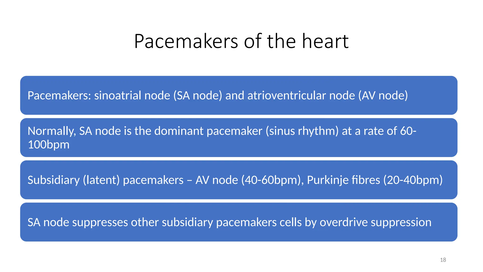 18
Pacemakers: sinoatrial node (SA node) and atrioventricular node (AV node)
Normally, SA node is the dominant pacemaker (sinus rhythm) at a rate of 60-
100bpm
Subsidiary (latent) pacemakers – AV node (40-60bpm), Purkinje fibres (20-40bpm)
SA node suppresses other subsidiary pacemakers cells by overdrive suppression
Pacemakers of the heart
 